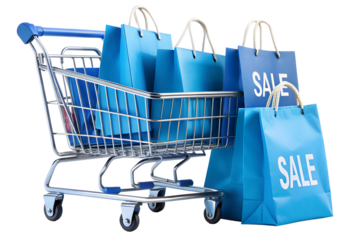 Shopping cart full of blue sale bags for retail commerce isolated on transparent background