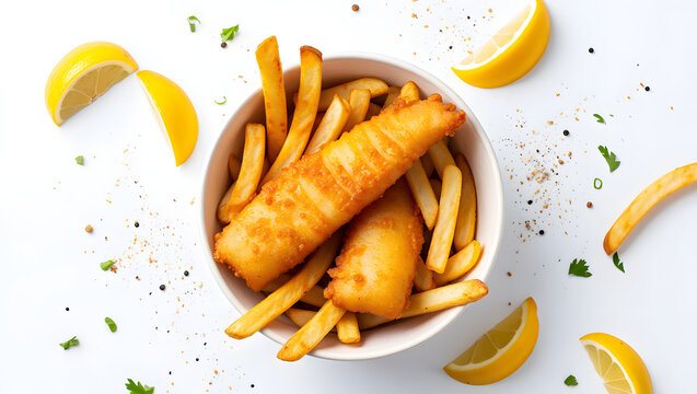French fries and fried fish meal with ketchup on a plate, A close-up of a plate of delicious golden french fries served with ketchup and mustard