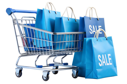 Shopping cart full of blue sale bags for retail commerce isolated on transparent background