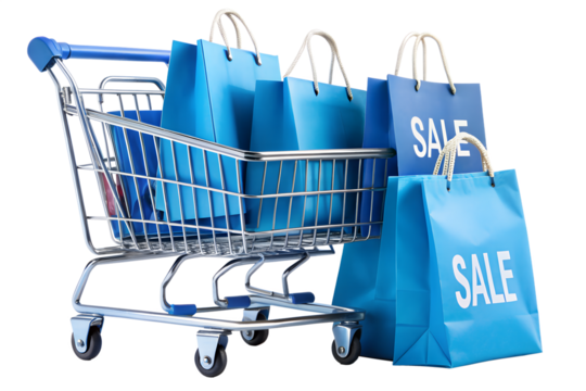 Shopping cart full of blue sale bags for retail commerce isolated on transparent background