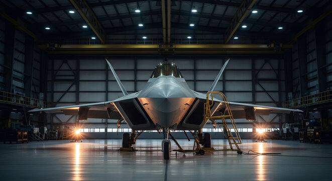 A f22 raptor fighter jet sits in a hangar, ready for maintenance and upgrades, showcasing its advanced technology and powerful design for air superiority
