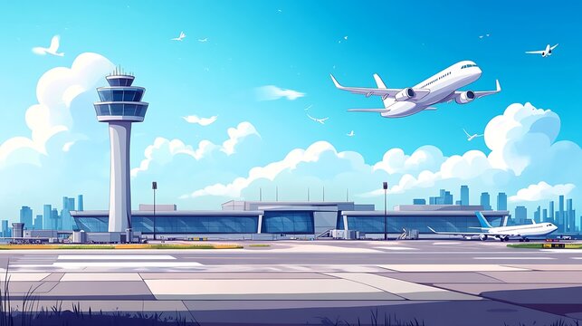 Airport scene with planes and tower - Powered by Adobe
