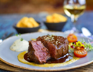A plate of meat and potatoes with a sauce on top. The meat is cut into pieces and the potatoes are cut into cubes. The sauce is drizzled over the meat and potatoes, giving the dish a rich