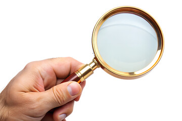 Hand holding magnifying glass isolated on transparent background for search, investigation, and detailed examination