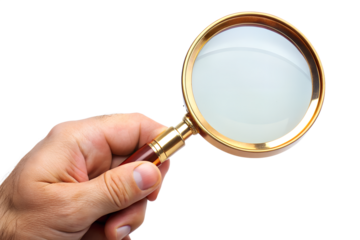 Hand holding magnifying glass isolated on transparent background for search, investigation, and detailed examination