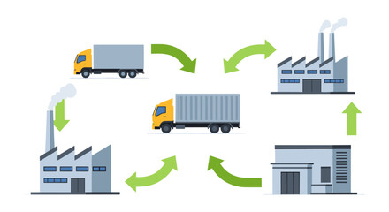 Visualizing the essential stages of a streamlined supply chain, this graphic shows goods moving between factories and distribution hubs via trucks.