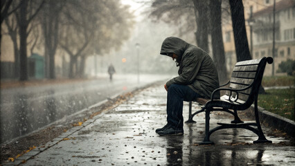 Fototapeta premium A person is sitting on a bench in a rainy park, wearing a hooded jacket and jeans, with a dimly lit street in the background.