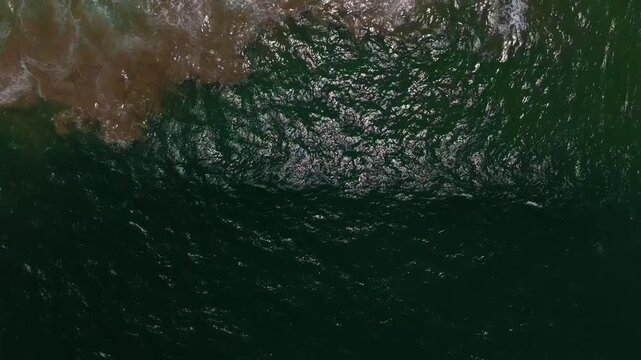 Aerial Drone Push-In of White Ocean Wave Rolling Toward Sandy Shoreline