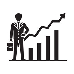 Business Man with Growing Chart Icon Vector Black and White