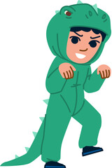 Child wearing funny dinosaur costume having fun during carnival party