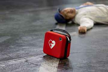 工場の床に倒れる作業員+AED