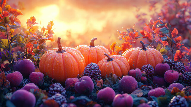 A vibrant tableau of 3D rendered pumpkins, their orange surfaces gleaming in the soft glow of an autumnal sunset, sat nestled amidst an assortment of plump fruits on a striking purple backdrop,8k 