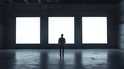 Obraz premium Man standing alone in front of three bright white screens in a dark room