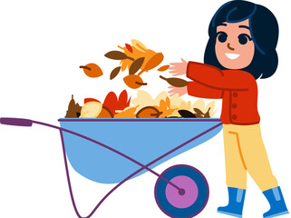 Young girl throwing autumn leaves in a wheelbarrow