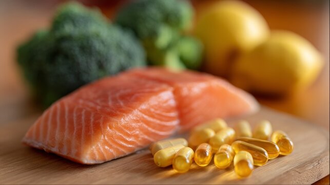 Natural sources of vitamin-rich foods and supplements arranged on wooden surface with fresh produce