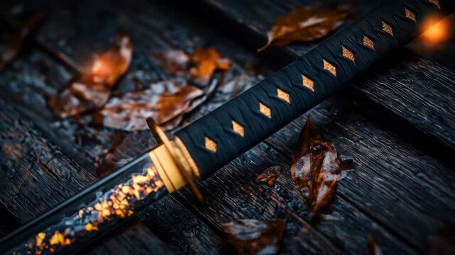 A katana blade rests on charred wood, surrounded by fallen leaves