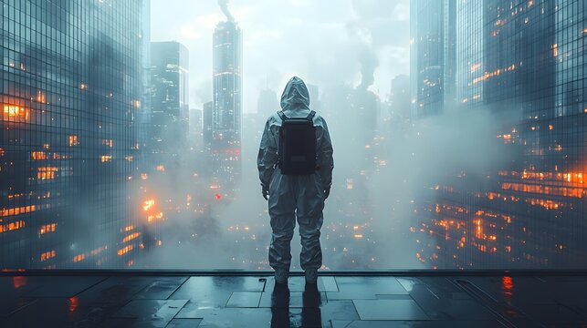 Scientist in Hazmat Suit Analyzing Airborne Viral Particles in Futuristic City