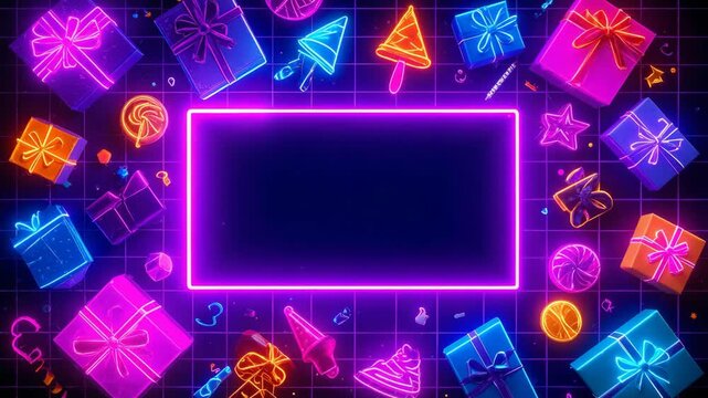 Glowing neon christmas gift boxes and candy canes border a blank frame with copyspace.