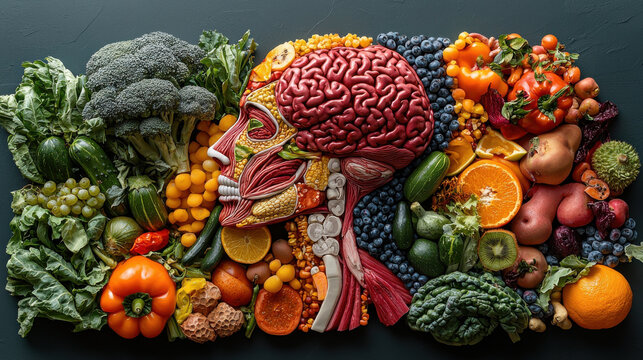 A vibrant tableau of human anatomy, crafted from the vibrant hues of fruits and vegetables, showcasing their intricate inner workings and highlighting the edible nature of our organs, promoting 