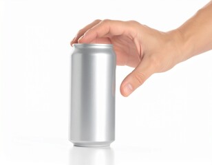 Hand holding aluminum can on white background