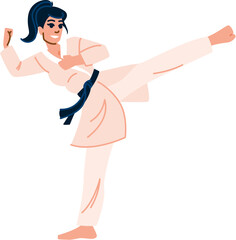 Young female karate athlete performing a high kick