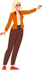 Smiling businesswoman pointing with index finger and showing something