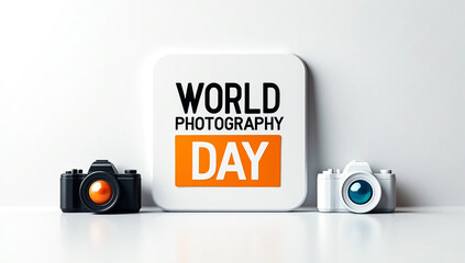 Celebrate world photography day with miniature cameras and a vibrant "day" sign capturing the art of imaging