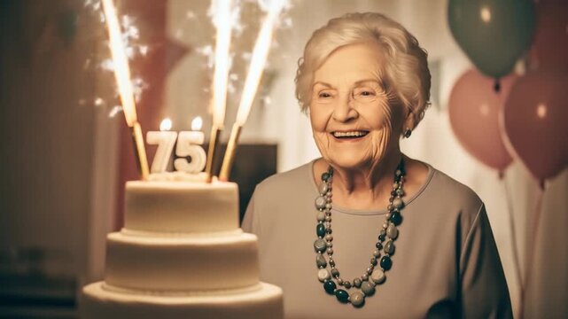 Radiant Senior Woman's Joyful Smile at Her 75th Birthday Celebration with a Sparkling Cake