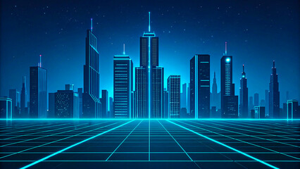 Futuristic cityscape with neon grid lines, glowing skyscrapers, and starry night sky visuals