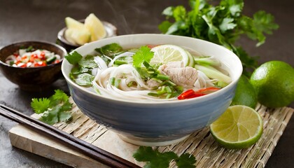 Close-Up of Traditional Vietnamese Pho Soup with Fresh Ingredients and Garnishes
