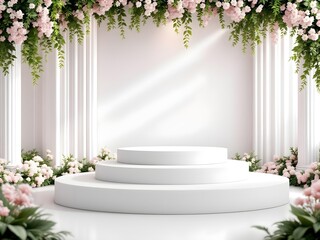 Fototapeta premium Minimalist podium scene featuring three white empty platforms or stages arranged in a row for product advertising or presentation