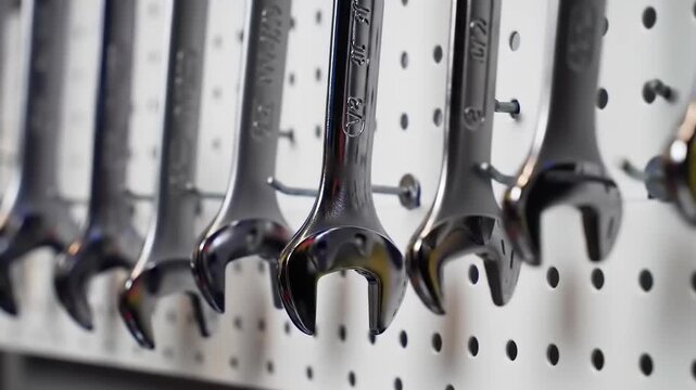 Metal wrenches hanging on pegboard