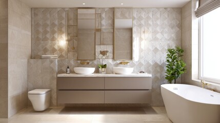 Fototapeta premium english chic bathroom full view, mocha vanity, creamy geometric wall tiles, warm indirect light, clean balanced design