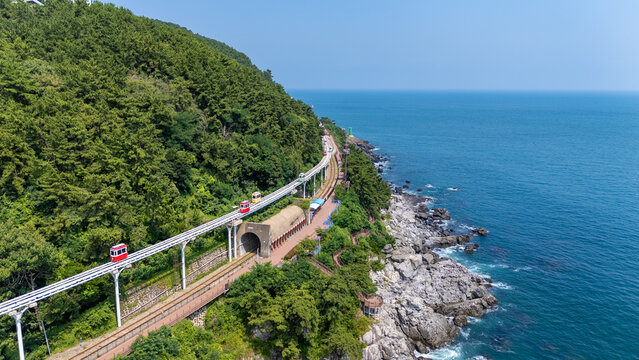 Busan, South Korea Colorful Sky Capsule train, a landmark seaside railway route, a destination where tourists take a train by the sea. Sky Capsule Haeundae August 2, 2025