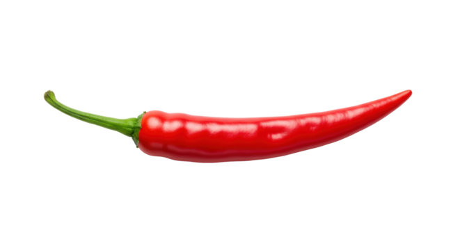 A single, impeccably fresh, vibrant red chili pepper with a slender green stem and pointed tip, isolated on a transparent background with soft studio lighting, photorealistic flat lay, Concept of