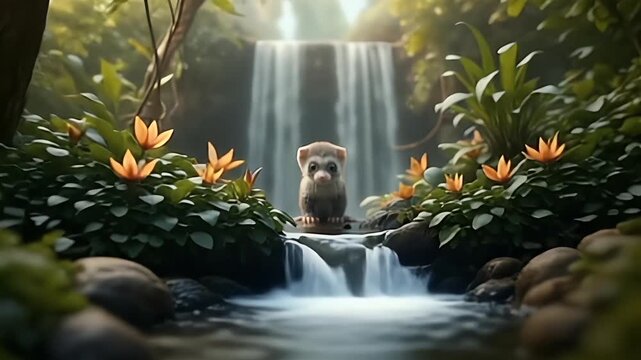 Adorable weasel in the waterfall background