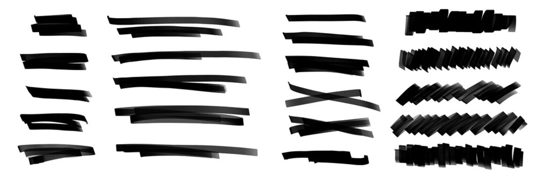 illustration: set of black hand-drawn scribble or marker textures isolated on white or transparent png
