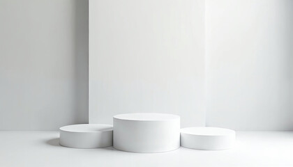 Minimalist podium scene featuring three white empty platforms or stages arranged in a row for product advertising or presentation