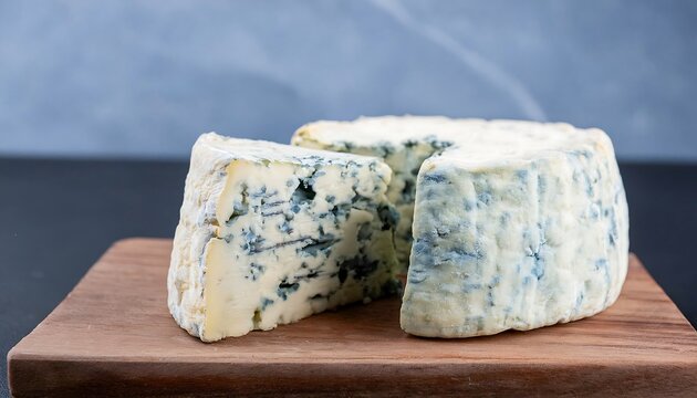 Close-Up of Assorted Blue Stilton Cheese on Wooden Board with Fresh Herbs