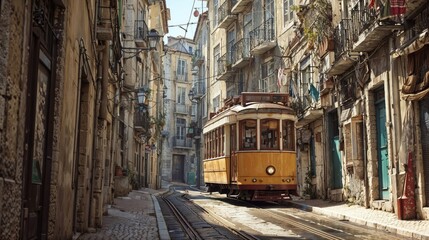 Naklejka premium A yellow vintage tram travels along a cobblestone street in a historic city. A charming and timeless image of European travel and architecture