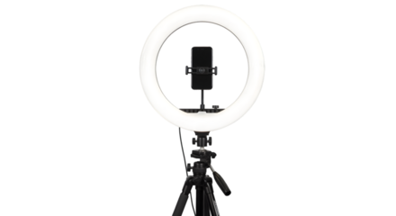 Professional ring light with tripod isolated on white background, sharp and realistic.