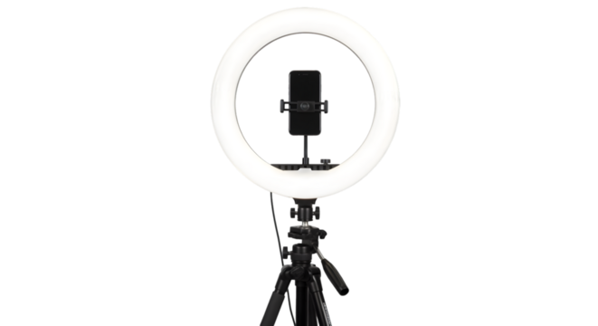 Professional ring light with tripod isolated on white background, sharp and realistic.