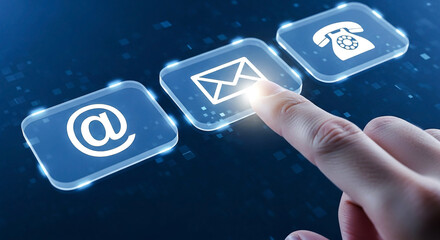 Hand touching digital contact icons for email phone and at symbol symbolizing modern communication and connection in business and technology