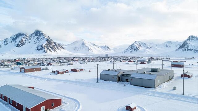 Stunning aerial drone footage captures Longyearbyen Svalbard's remote Arctic research stations and snow-covered mountains, showcasing the world's northernmost town.