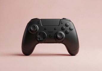 A black video game controller on a light pink background in a studio shot with soft lighting effects
