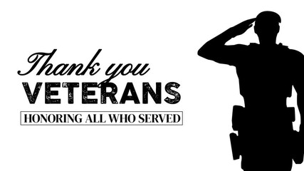 Animated Thank You Veterans tribute with soldier silhouette saluting on white background, honoring all who served in the military with respect, gratitude, and patriotism.