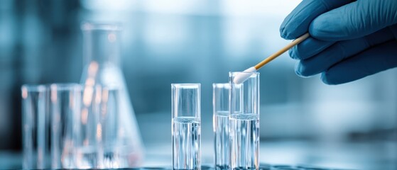 The gloved hand swabbing test tubes with cotton swab in clinical laboratory