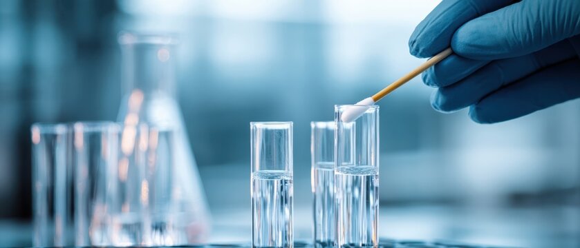 The gloved hand swabbing test tubes with cotton swab in clinical laboratory