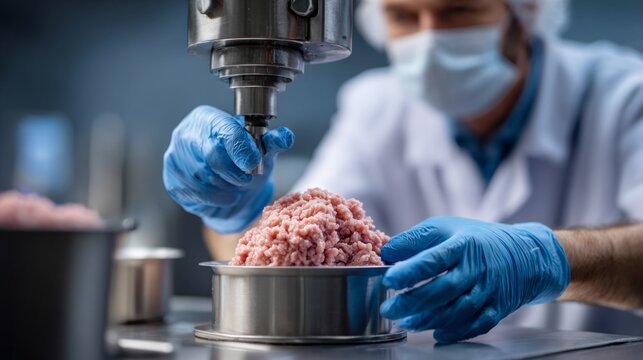 Minced meat production process in a food processing facility during working hours - Powered by Adobe