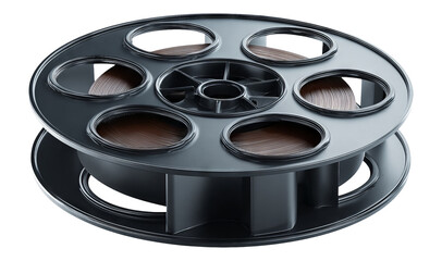 Isolated Black Film Reel on Transparent Background with Brown Tape